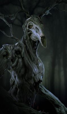 a creepy looking creature standing in the middle of a forest with its mouth wide open