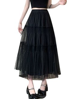 Women Black Ruffled Patchwork Elastic Waist Tulle Skirt SummerFabric: TulleSize & Fit: This garment fits true to size.Length: Size S measures 29.25"from waist to hem.Waist:Fitted - elastic waist allows stretch Hip: Loosely Fitted. room for hips. Hand Wash Cold. Flowy Tiered Skirt With Lace Patchwork, Flowy Lace Patchwork Tiered Skirt, Black Lace Patchwork Summer Skirt, Black Lace Patchwork Skirt For Summer, Black Lace Skirt With Lace Patchwork, Summer Black Skirt With Lace Patchwork, Spring Black Flowy Petticoat, Black Flowy Petticoat For Spring, Spring Black Petticoat