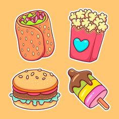 some food and drink stickers on a yellow background