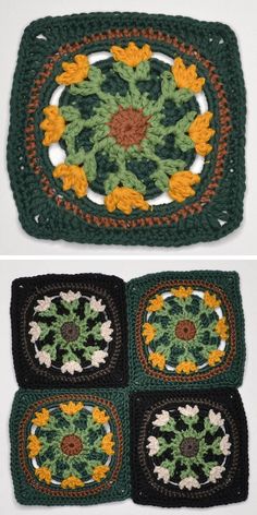 two crocheted squares with flowers on them, one in green and the other in yellow