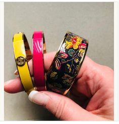 This is a set of 3 bracelets, one is yellow, one is hot pink and one is a floral design. They are from QVC and the tag is attached. The price reads $74 On Air / $69.19 You pay.  They are a beautiful set and I just received them as a gift but they are not my style. They are in a smoke-free, pet-free, child-free home. Trendy Yellow Bangle Bracelets, Elegant Yellow Bracelets For Spring, Trendy Yellow Bangle Bracelet, Child Free, Bangle Bracelet Set, Bracelets Set, On Air, Bracelet Set, Favorite Jewelry