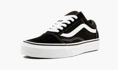 The Vans Old Skool is a timeless canvas-constructed skate shoe.  Universally accepted as one of the most versatile sneaker designs in history, the Old Skool, with its jazzy side stripe, waffle-patterned rubber outsole, and low-profile appearance, comes in an array of colorways.  None, however, have the ubiquitous appeal as this black and white version.  Simplistic yet sturdy black canvas and suede comprise the upper, while a vulcanized white rubber midsole and grippy gum bottom ensure the Vans O White Leather Vans, Vans Old Skool Black, Black And White Vans, Black White Shoes, Leather Vans, Old Skool Black, Black And White Shoes, White Vans, Skate Shoe