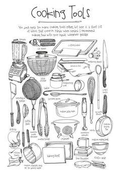 a black and white drawing of kitchen tools on a sheet with the words cooking tools below it