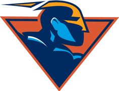 an orange and blue logo with a man's head in the center