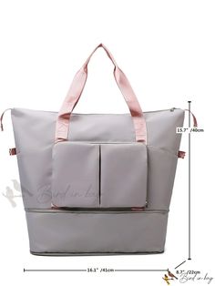 a large gray bag with pink handles and zippers on the side, measurements for it