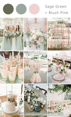 a collage of photos with pink and green wedding colors, including roses, greenery,