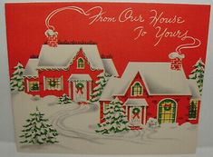 a christmas card with a red house and trees