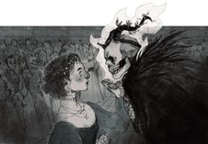 a drawing of a man and woman kissing in front of a crowd with skulls on their heads