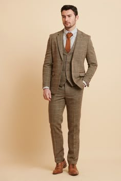 TED - Tan Tweed Check Three Piece Suit Brown Tweed Suits For Men Wedding, Tweed Suit Men, Walima Outfit, Summer Wedding Men, English Suit, Suit For Men Wedding, Tan Brogues, Brown Tweed Suit