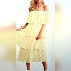 See Photos . Never Worn See Photo For Actual Shade Of Yellow. Beautiful Dress See Sizing In Photos Bin 89 Pleated Tiered Maxi Dress For Party, Tiered Pleated Maxi Dress For Party, Summer Evening Tiered Chiffon Dress, Tiered Chiffon Evening Dress For Summer, Chic Yellow Chiffon Summer Dress, Chic Yellow Chiffon Midi Dress, White Midi Chiffon Dress For Party, Summer Pleated Chiffon Cocktail Dress, Chic Tiered Chiffon Dress For Party