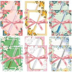 four different frames with flowers and ribbons on them, one has a pen in the middle