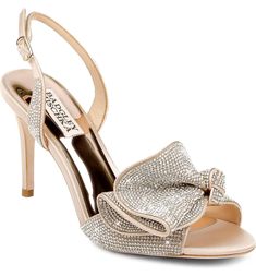 Badgley Mischka Collection Rennie Embellished Slingback Sandal | Nordstrom Luxury Glamorous Evening Block Heels, Luxury Hand-embellished Heels For Receptions, Luxury Champagne Wedding Shoes For Evening, Luxury Bow Sandals For Cocktail Events, Luxury Almond Toe Wedding Shoes For Formal Occasions, Luxury Crystal-embellished Slingback Pumps For Wedding, Luxury Feminine Evening Sandals, Luxury 4-inch Heel Wedding Shoes For Gala, Luxury Rhinestone Slingback Pumps For Formal Occasions