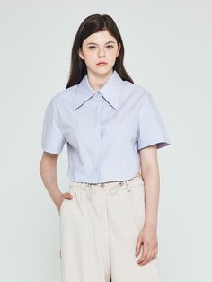 Composition : COTTON 100%Country of Origin : Republic of Korea Chic Purple Short Sleeve Tops, Purple Short Sleeve Shirt For Work, Purple Short Sleeve Work Shirt, Lavender Cotton Top For Daywear, Purple Short Sleeve Tops For Daywear, Lavender Cotton Tops For Daywear, Purple Short Sleeve Blouse For Daywear, Fitted Lavender Short Sleeve Top, Purple Fitted Collar Top