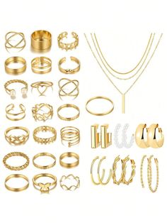 35pcs Metal Style Jewelry Set Including Earrings, Necklace, Ring For Women, Daily & Party Fashion Accessories Gold Fashionable   Iron Alloy     Women Fashion Jewelry, size features are:Bust: ,Length: ,Sleeve Length: Vintage Pearl Jewelry, Chic Necklace, Pearl Jewelry Sets, Necklace Ring, Women's Jewelry Sets, Silver Jewellery Sets, Estilo Punk, Faux Pearl Necklace, Watches Women Fashion