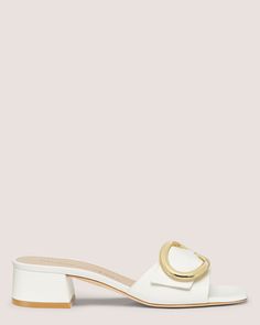 BENNI 35 SLIDE | Stuart Weitzman Elegant Block Heels With Buckle Closure, Block Heels With Rectangular Buckle Closure, White Block Heels With Buckle Closure, Designer Low Heel Heels With Buckle Closure, Square Toe Sandals, Pumps Flat, Pump Sandals, Shop Sandals, Stuart Weitzman