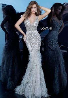 Jovani 02798 beaded evening gown with mermaid feather skirt Prom Dresses With Feathers, Dresses With Feathers, Jovani Prom Dresses, Wedding Glamour, Glam Dress, Matric Dance, Beaded Mermaid, Shower Dress, Jovani Prom