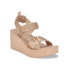 Guess-Dawsin Wedge Sandal Lend a dazzling touch to your summer attire with the Dawsin wedge sandal from Guess. Tonal rhinestone embellishments on the vamp straps add a sparkling appeal to this slingback sandal elevated with a chunky wedge heel and platform to heighten its fashion quo. Strappy Wedge Sandals, Chunky Wedges, Comfortable Wedges, Summer Attire, Strappy Wedges, Shoes Heels Pumps, Slingback Sandal, Platform Wedges, Lifestyle Brands