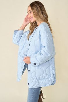 Quilted Liner Jacket, Oversized Quilt, Liner Jacket, Jacket Buttons, Black Button, Quilted Jacket, Powder Blue, Button Downs, Button Up