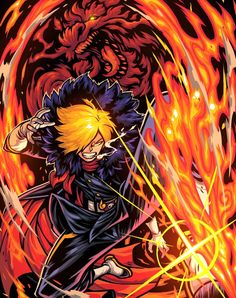 an anime character with yellow hair and blue eyes is in front of a fiery background