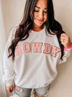 Howdy. S-3X handmade by our staff unisex sizing premium cotton blend wash on cold hang to dry COLORS MY SLIGHTLY DIFFER DUE TO STOCK LEVELS AND SCREEN RESOLUTIONDUE TO ALL OF OUR ITEMS BEING HANDMADE PLEASE ALLOW UP TO 14 BUSINESS DAYS FOR ORDERS TO BE PROCESSED White Sweatshirt With Embroidered Graphics, White Relaxed Fit Sweatshirt With Embroidered Graphics, White T-shirt With Embroidered Graphics For Winter, White Embroidered Graphic T-shirt For Winter, White Embroidered Sweatshirt With Relaxed Fit, White Embroidered T-shirt For Winter, White Pre-shrunk Cotton Sweatshirt, White Cotton Pre-shrunk Sweatshirt, Oversized White Sweatshirt With Letter Embroidery