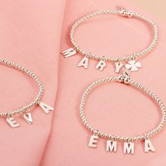 Crafted from 925 Sterling Silver, our Personalised Silver Name Bracelet With Charm offers a timeless piece of jewellery to be cherished for years to come. Personalise it with the name of a special someone, and finish the bracelet off with the perfect charm to complete the look. Choose from a wide selection of charms available to make it an even more special gift. Perfect for any occasion, such as Christmas, Birthdays, Anniversaries, or Valentine's Day. 925 Sterling Silver Elasticated Bracelet. P Customize Bracelet, Silver Name Bracelet, Bracelet With Name, Handmade Rakhi Designs, Customised Bracelets, Handmade Rakhi, Rakhi Design, Pretty Jewelry Necklaces, Pretty Jewelry