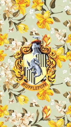 the hog potter crest surrounded by flowers and leaves on a light green wallpaper background