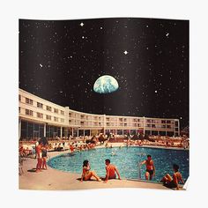 people are sitting in the swimming pool and watching the earth rise up into the sky