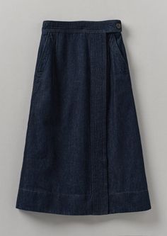 Cotton Hemp Denim Wrap Skirt | Indigo Cotton Dark Wash Denim Skirt With Belt Loops, Cotton Denim Skirt With Belt Loops For Work, Denim Blue Cotton Skirt With Belt Loops, Cotton Denim Skirt With Pockets And Asymmetrical Cut, Asymmetrical Cotton Denim Skirt With Pockets, Dark Wash Cotton Skirt For Work, Asymmetrical Cotton Wrap Skirt For Workwear, Denim Wrap Skirt, Denim Workwear