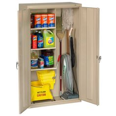 an open storage cabinet with cleaning supplies and brooms