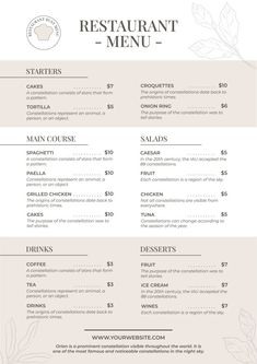 a restaurant menu is shown in white and gray