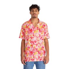 "Nothing says \"I love summer\" like a Hawaiian shirt, and now, you can make this iconic garment even better by adding your own art to it. Made to have a boxy fit and a notch lapel collar that are perfect for any laidback scenario, these shirts come with a handy chest pocket and a 95% polyester and 5% spandex fabric for silky comfort.  .: Material: 95% polyester, 5% spandex .: Sewn-in label .: Medium fabric (7.23 oz/yd²(245 g/m .: Boxy fit .: Chest pocket" Spring Shirt With All Over Print And Camp Collar, Collared Camp Shirt With All Over Print For Spring, Spring Collared Camp Shirt With All Over Print, Retro Hawaiian Shirt With All Over Print, Summer Button-up Shirt With All Over Print, Summer Collared Shirt With All Over Print, Spring Collared Camp Shirt With Graphic Print, Spring Graphic Print Collared Camp Shirt, Spring Tops With All Over Print And Spread Collar