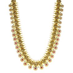 This 22k antique gold temple necklace from Virani Jewelers captures the beauty of Indian jewelry with its intricate craftsmanship and vibrant gemstones. Rubies, emeralds, and cubic zirconia create a stunning focal point, set against the rich hues of antique 22k gold. Whether worn for formal gatherings or cultural celebrations, this necklace adds a refined touch to any outfit. A statement of both elegance and tradition, it’s the perfect addition to a sophisticated jewelry collection.Features• 22k Luxury Meenakari Temple Jewelry For Wedding, Temple Jewellery Tarinika Jewelry, Gold Necklace Indian Bridal Jewelry Kameswari Jewellers, 22k Gold Necklace Indian Jewelry Kameswari Jewellers, Antique Gold Jewelry Indian Necklaces Kameswari Jewellers, Luxury Traditional Temple Necklace For Reception, Luxury Temple Jewelry Necklaces For Marriage, Luxury Ruby Temple Jewelry Sets, Ruby Jewelry Necklaces Kameswari Jewellers