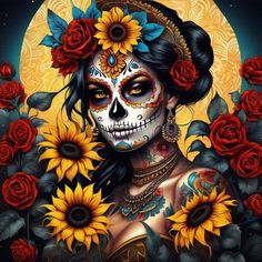 a woman with sunflowers on her head and face painted in sugar skull makeup