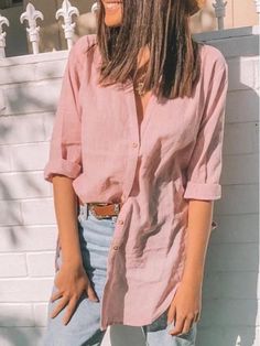 Pink Solid Casual Tops Lapel Long Sleeve Blouse Peach Shirt Outfit For Women, Pink Collared Shirt Outfit, How To Style Linen Shirt Women, Pink Linen Shirt Outfit Women, Pink Linen Shirt Outfit, Peach Shirt Outfit, Half Sleeve Shirt Women, Linen Shirt Outfit Women, Long Sleeve Blouse Designs