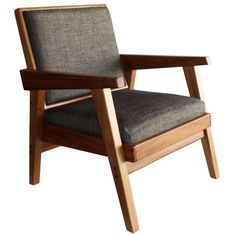 a chair that is made out of wood and fabric with a black seat pad on the back