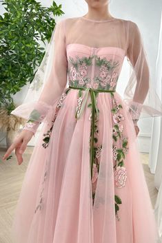 Corset Illusion Long Sleeves Floral Applique Midi Dress Patterned Bridesmaid, Teuta Matoshi, Embroidered Corset, Bow Belt, Illusion Neckline, فستان سهرة, Blush Dresses, Vestidos Vintage, Velvet Bow