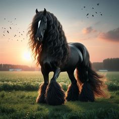 a black horse standing on top of a lush green field next to a flock of birds