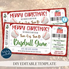 two christmas baseball ticket templates with gift boxes