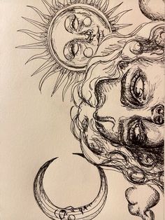 a drawing of a woman's face with sun and moon above her head, in black ink