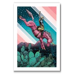 a painting of a man riding on the back of a pink horse next to cactuses