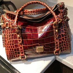 Dooney And Bourke Embossed Crocodile Small Satchel In Cognac Color. New Condition. Comes With Dust Bag. This Is A Brand New Bag. Italian Purses, Crocodile Handbags, Luxury Tote Bags, Patent Leather Handbags, Cognac Color, Brown Purses, Pretty Bags, Dooney And Bourke, Dooney & Bourke Bags