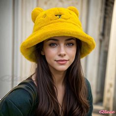 Qteee - Adorable Velvet Fisherman Hat with Cartoon Bear Design Cute Yellow Winter Hat, Playful Yellow Winter Hat, Novelty Curved Brim Winter Hats, Yellow Novelty Cap Style Hat, Yellow Novelty Cap, Warm Yellow Cap, Yellow Fall Cap Hat, Fisherman Hat, Cartoon Bear