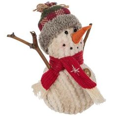 a knitted snowman ornament with a red hat and scarf