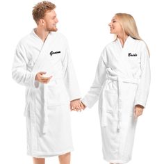 "2Pcs couple's sets. Available in one size fits most;  Women (M FITS US2-8)- Robe Length: 45\"/115cm, Sleeve Length: 21\"/54cm, Bust: 43\"/110cm;  Men (XL FITS US10-16) - Robe Length: 48\"/123cm, Sleeve Length: 24\"/60cm, Bust: 55\"/140cm; EMBROIDERY: Personalized embroidered monograms are His Hers, Mr. Mrs., Queen King, Wifey Hubby, Mom Dad, Groom Bride, Queen King.  We also provide free customization service for you to choose from. Deliver your custom monogrammed robe in 3-5 days. GIFT IDEAS: Matching robe sets will be great wedding gifts, anniversary gifts, engagement gifts, bridal shower gifts, birthday gifts, honeymoon gifts or Christmas gifts for couples. Our cotton robe will be a special keepsake and cherished for years to come not just for their elegance, but also for their incredi Embroidery Personalized, Monogram Robes, Cotton Bathrobe, Terry Cloth Robe, Couples Monogram, Terry Robe, African Traditional Wedding, Matching Robes, Men's Robes