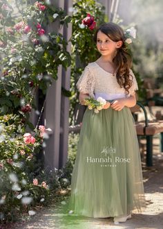 Sage Green Flutter Sleeve Flower Girl Dress | Hannahrosevintageboutique.com Sage Green Flower Girl Dress, Green Flower Girl Dress, Full Length Tulle Skirt, Green Flower Girl Dresses, Burgundy Flower Girl Dress, Vintage Flower Girls, Sage Green Flowers, Boho Flower Girl, Tulle Skirts