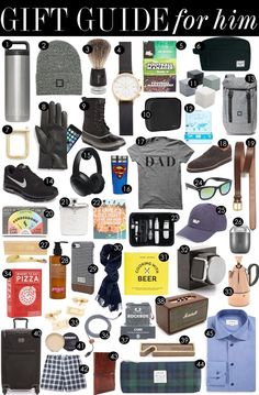 the ultimate gift guide for him includes gifts, hats, and other items to give him