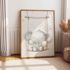 an elephant is sitting on a swing in the room