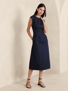 Lina Italian Denim Midi Dress | Banana Republic Spring A-line Denim Midi Dress, Spring Non-stretch Midi Length Denim Dress, Chic Denim Blue Short-sleeve Midi Dress, Blue Non-stretch Denim Midi Dress, Spring Wedding Guest, Non-stretch Medium Wash Denim Dress With Button Closure, Denim Midi Dress, Denim Fabric, Banana Republic