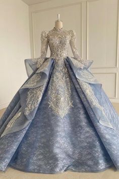 Modest High Neck Dubai Wedding Dress Dusty Blue Ball Gowns 51009 viniodress High Neck Ball Gown, Prom Dress High Neck, Dubai Wedding Dress, Long Sleeve Prom Dress, Blue Wedding Gowns, Blue Ball Gowns