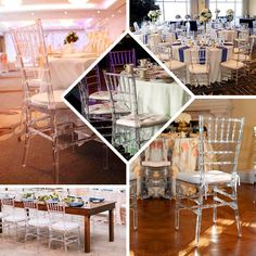 there are many chairs and tables set up for a wedding or special event in this collage